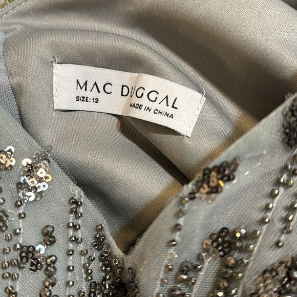 Mac Duggal EMBELLISHED V NECK LONG SLEEVE A LINE GOWN in platinum blue size 12 - Picture 12 of 16